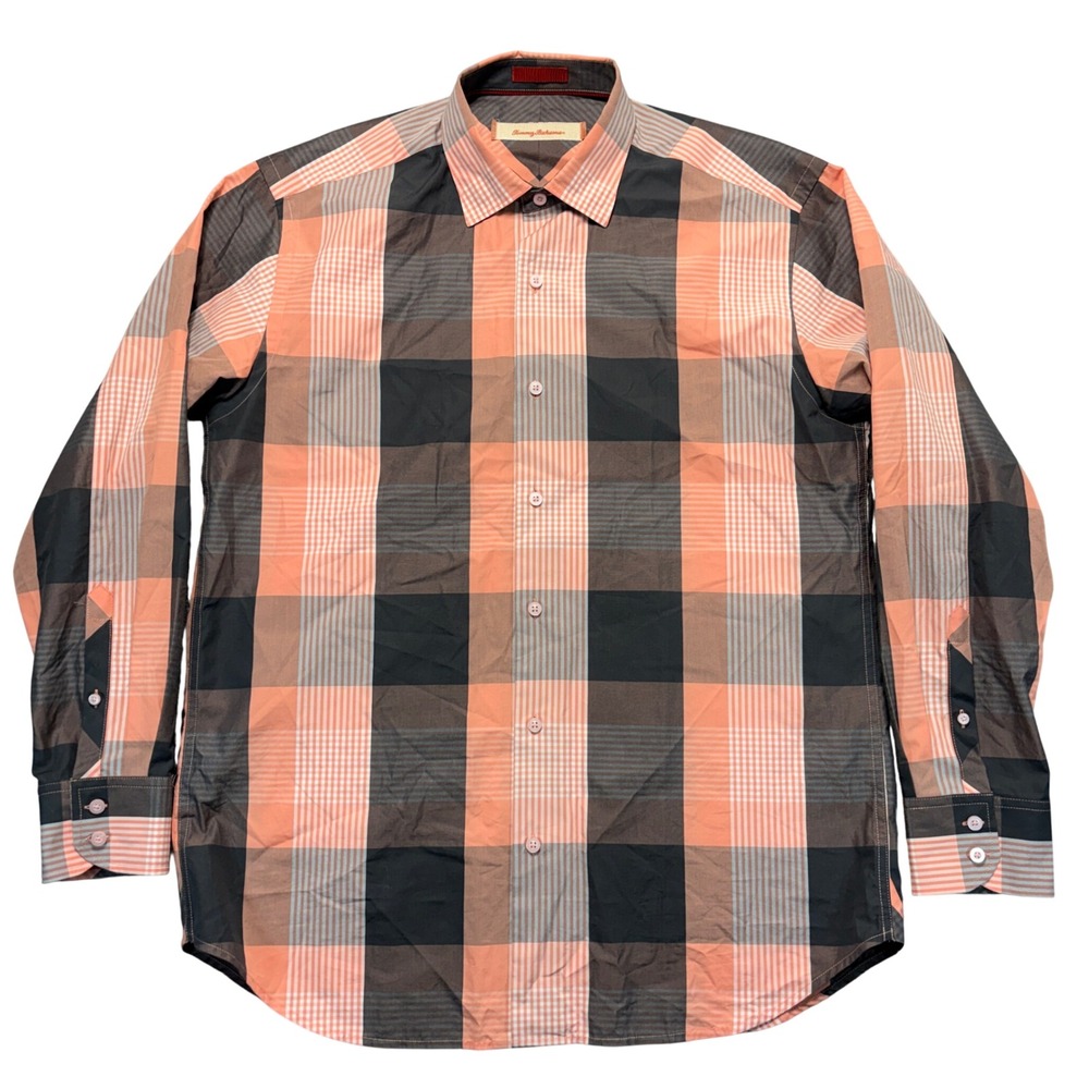 Tommy Bahama Mens Orange Black Plaid Cotton Silk Long Sleeve Button Down Shirt M
